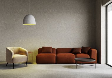 Parlak oturma odası gri alçı duvarlı, kahverengi stil kanepeli ve bej koltuklu, 3 boyutlu.