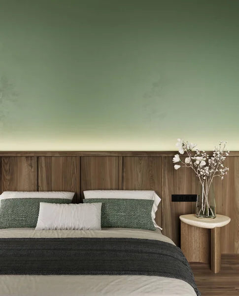 modern bedroom interior in green tones, bedroom mock up, 3d rendering