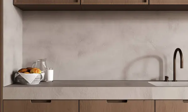现代木制厨房 烤饼和牛奶的空石制台面 3D渲染 — 图库照片