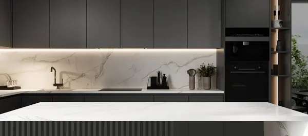 Marble kitchen countertop with copy space over gray modern elegance kitchen, 3d render