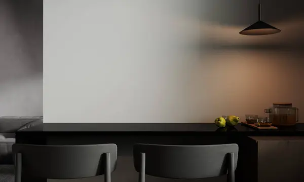 Mockup space on minimal black dining table in minimal cozy Scandinavian kitchen, 3d render