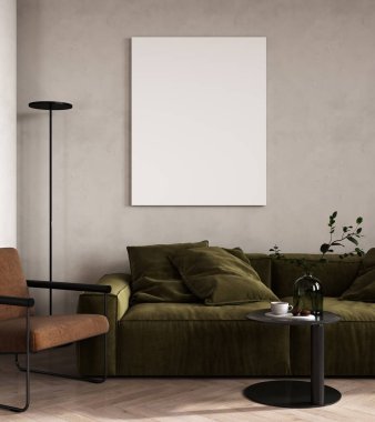 Boş çerçeve, modern aydınlık oturma odasında yeşil kanepe, 3D görselleştirme ile modellenir.