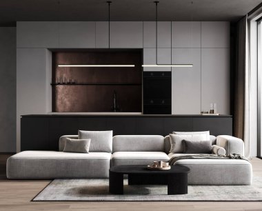 Modern çağdaş minimalist mutfağın siyah beyaz dolapları, bakır kaplamaları ve açık gri kanepesi..