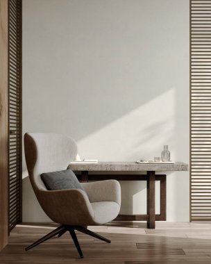 Modern oda içi, büyük koltuk ve dekorlu, güneş ışığı olan bir masa.