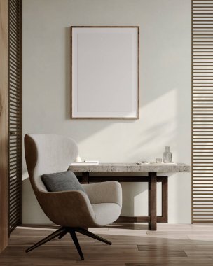 Boş çerçeve modern oda içi modelleme büyük koltuk ve konsol tablo ile dekorasyon yakın güneş ışığı ile duvar