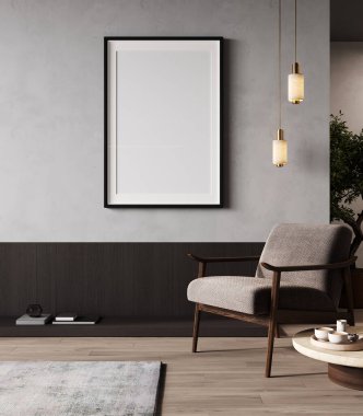 Boş çerçeve modern oda iç dekorasyonu ile modelleme ve dekorlu koltuk ve konsol ile duvar, üç boyutlu görselleştirme