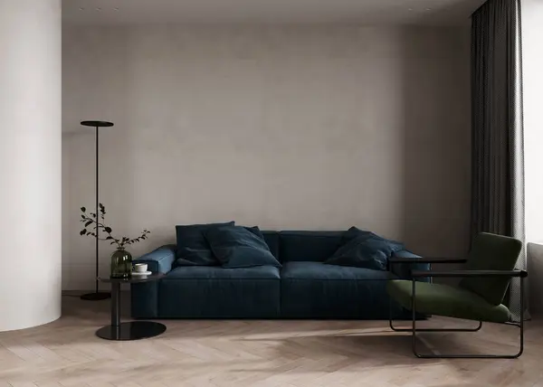 Minimalist living room interior with modern blue sofa, green armchair and beige plasters walls. Interior mockup, 3d render