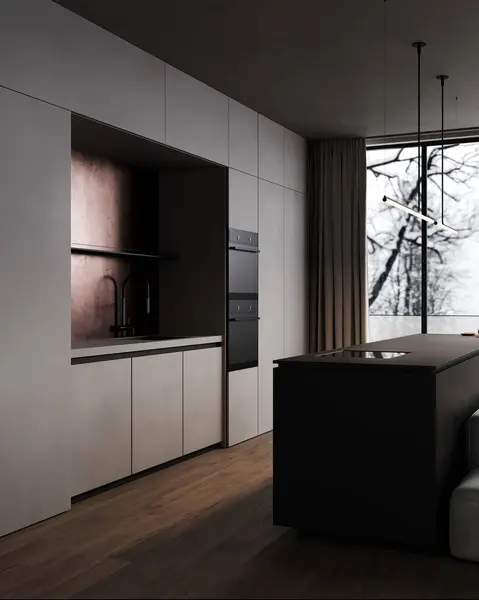 Modern dark kitchen room interior with furniture and kitchenware, grey, black kitchen interior background, luxury kitchen, 3d rendering