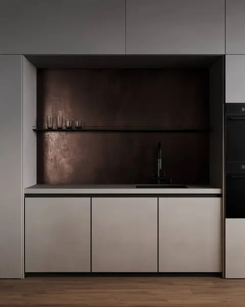 Vista Frontal Del Interior Moderno Cuarto Cocina Oscura Con Muebles — Foto de Stock