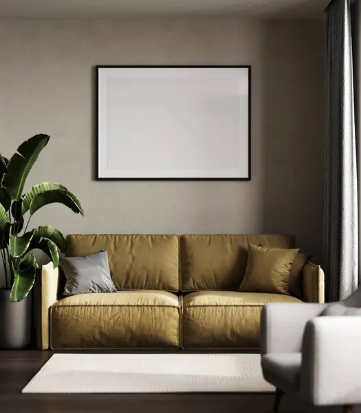 海报横向框架模型在家庭客厅内与黄色沙发和植物 3D渲染 — 图库照片