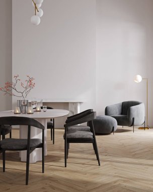 Masa, sandalye, rahat koltuk, yemek, 3D sunum, modern iç mimari.