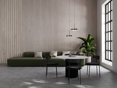 Minimalist oturma odası yemek salonu, modern yeşil kanepe ve ahşap duvarlar. İç modelleme, 3D canlandırma
