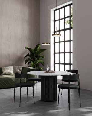 Beyaz ve siyah koltuklu lüks iç modelleme, oturma odası, 3 boyutlu.