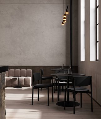 Lüks bir restoranın içinde. Duvar maketi, 3D görüntüleme.
