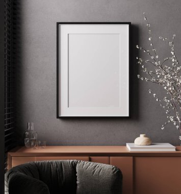 Çerçeveyi şık iç dekorasyon arka planıyla, en az dekor ve konsolla aydınlık oda, 3D görüntüleme