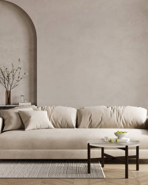 Boş bej duvar modeli modern oturma odasının içinde, 3 boyutlu.