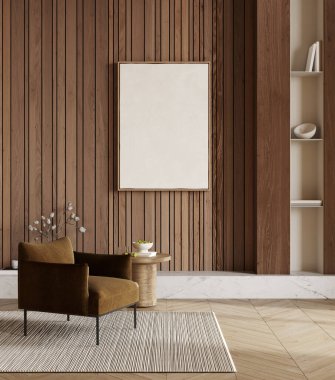 Konforlu iç dizaynlı poster çerçevesi kahverengi koltuklu oturma odası ve ahşap duvarlı 3D tasarım.