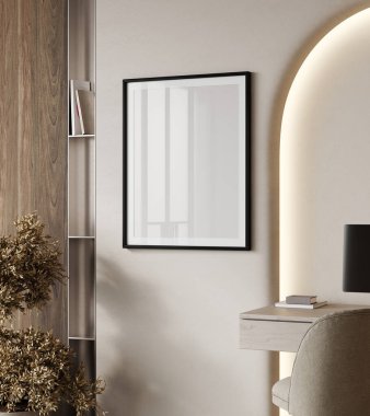 Açık bej duvardaki resim çerçevesi ahşap ev işyerinin üstünde, 3D görüntüleme