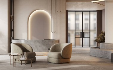 Modern odada açık bej duvarlı beton resepsiyon tezgahı. Otelde, kaplıcada ya da ofiste boş kayıt masası. Resepsiyon bekleme alanı, 3 boyutlu görüntüleme ile aynı hizaya gelir