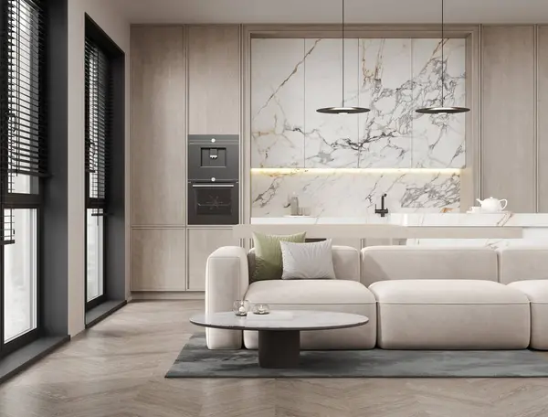 Konforlu ev mutfağı mutfak dolabı, bar odası mutfak gereçleri ve kanepe.