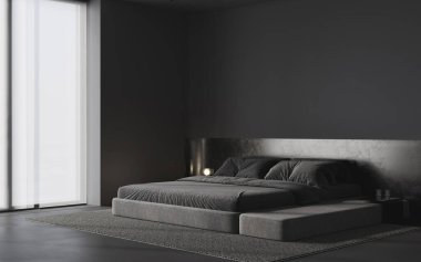 Şık bir model, rahat koyu yatak odası iç plan, 3D görüntüleme.