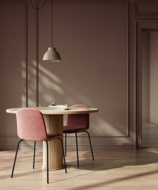 Mocha Mousse çağdaş minimalist oturma odası, boş duvar ve dekor. 3d resimleme modellemesi