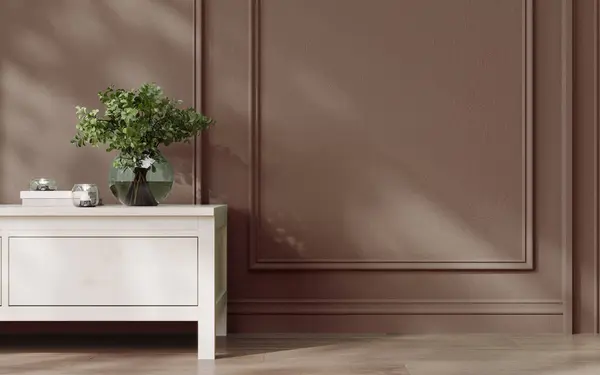 Mocha Mousse çağdaş minimalist iç mekan, konsol, boş duvar ve dekor. 3d resimleme modellemesi