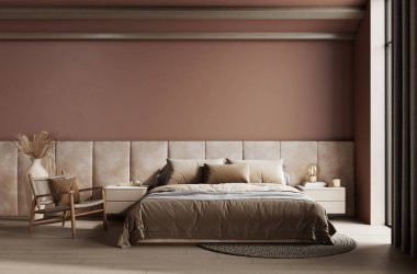 Pastel tonda yatak odası Mocha Mousse renk trendi 2025 yıllık panton mobilya ve arka plan. Modern lüks yatak odası iç tasarımı. 3d hazırlayıcı