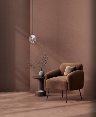 Kahverengi koltuk ve alçı duvarlar. Salon tasarımı çok az. Çikolata renkleri Mocha Mousse 2025.