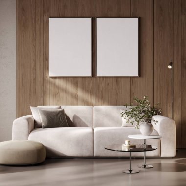 Modern oturma odasının iç kısmında, beyaz kanepe ve ahşap duvarlı, 3D resimli iki poster.