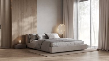 Modern minimalist yatak odası iç tasarımı, 3 boyutlu görselleştirme