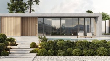 Yüzme havuzlu modern minimalist ahşap bir evin dış konsepti; 3D görüntüleme