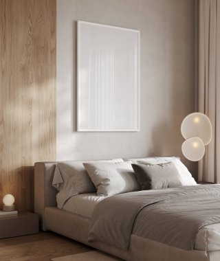 Modern yatak odasının iç planında boş büyük poster modeli ligjt duvarında, 3D görüntüleme