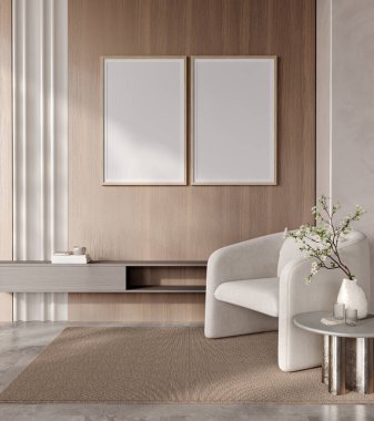Modern oturma odasının iç kısmında, beyaz koltuk ve ahşap duvarlı, 3 boyutlu iki adet poster.