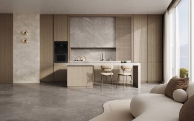 Modern ahşap mutfak ve oturma odası mobilya ve mutfak eşyaları, bej, ahşap ve mermer mutfak iç mimarisi, lüks mutfak, 3D