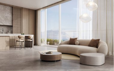 Ilık doğal renklerde mutfağı olan şık bir oturma odası. İçi beyaz kanepe 3D işlemeli.