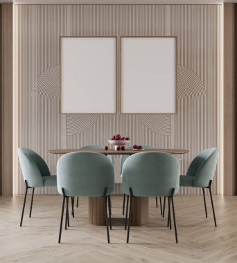 Modern yemek odasında, mavi sandalyeli ve masalı, 3D resimli iki poster modeli.