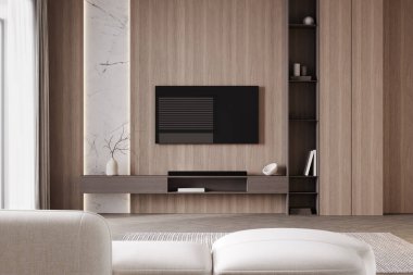 Boş TV ekranı modern ışık içinde beyaz kanepe şık bir şekilde tasarlanmış, ön manzara. Oturma odasının arka planında televizyon, boş TV görüntü şablonu, 3D görüntüleme