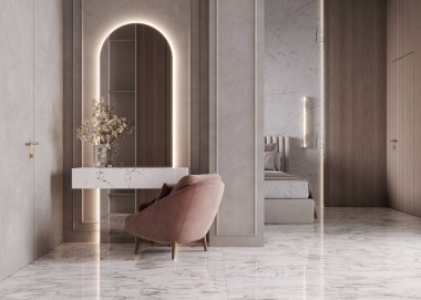 Makyajlı, parlak aynalı, pembe sandalyeli, 3D işlemeli lüks yatak odası.