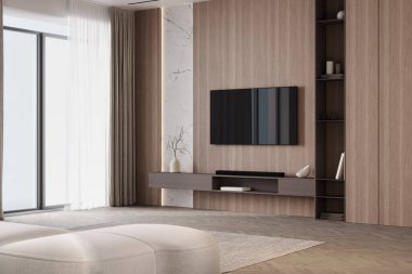 Kanepe ve TV alanı, duvar paneli ve 3D görüntüleme ile modern oturma odası iç modeli