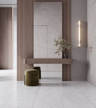 Mermer zemin ve büyük aynalı parlak modern koridor, lüks otel konsepti, 3D görüntüleme