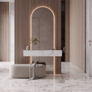 Çağdaş giriş, boş otel lobisi, kahverengi renk, ahşap ve mermer, 3D görüntüleme 