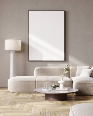 Çerçeveyi beyaz ev içi arka planla, küçük dekorlu parlak oda, 3D görüntüle