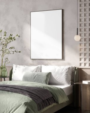 Modern ana yatak odası iç fonda dikey poster çerçevesi oluşturun, 3 boyutlu görüntüleme 