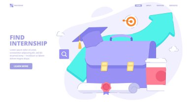 Staj programı, ilk iş arama, öğrenciler için kariyer eğitimi. İniş sayfası için küçük karakterli düz tasarım konsepti. Web sitesi, pankart, yazdırma için vektör illüstrasyonu.