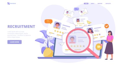 İşe alım, online çalışan araması, işe alım süreci, İK yönetimi. İniş sayfası için küçük karakterli düz tasarım konsepti. Web sitesi, pankart, yazdırma için vektör illüstrasyonu.