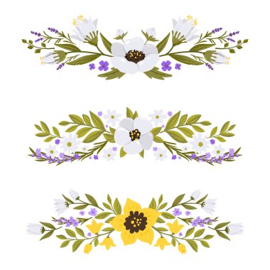 Çiçek dalları, çelenk, çerçeve. Çeşitli gerçekçi ve soyut çiçekler, yeşil yapraklar. Tebrik kartı, düğün davetiyesi, logo, web sitesi, afiş, poster düzenlemeleri