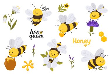 Çiçekli ve harfli sevimli bal arısı karakteri çizimi. Çıkartmalar, baskılar, kartlar, posterler, web sitesi, afiş, iniş sayfası için vektör komik illüstrasyon koleksiyonu.