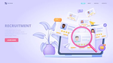 İşe alım ve işe alım platformu. İş arama ve iş bulma servisi. Yetenek edinmek için insan kaynakları ajansı. İşgücü seçimi ve aday yönetimi. İniş sayfası için vektör 3 boyutlu tasarım kavramı. Web sitesi, yazdırma, b için üç boyutlu vektör illüstrasyonu
