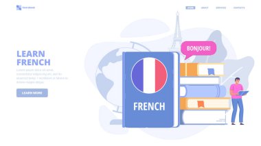 İnternette Fransızca öğren, yabancı dil kursları, kişisel eğitim. İniş sayfası için tasarım. Web sitesi, baskı ve afiş için küçük karakterlere sahip düz vektör illüstrasyonu.